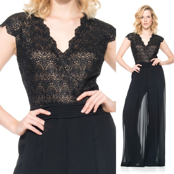 Tadashi Shoji Bridal Mikado Jumpsuit 6 Black Lace Overlay Chiffon Wide Leg $490 - Picture 4 of 16